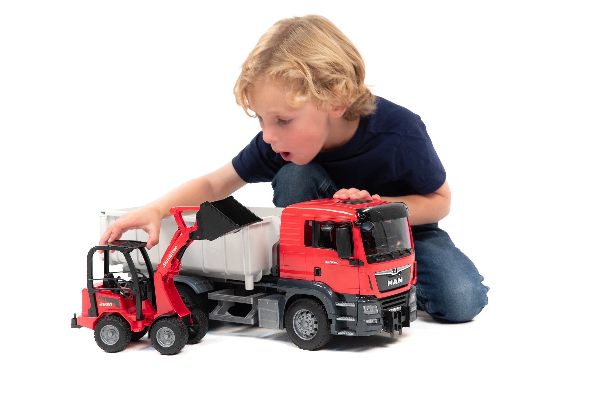 Bruder 03767 Man TGS Truck with Roll-Off Container and Schaffer Compact Loader 24.12.8