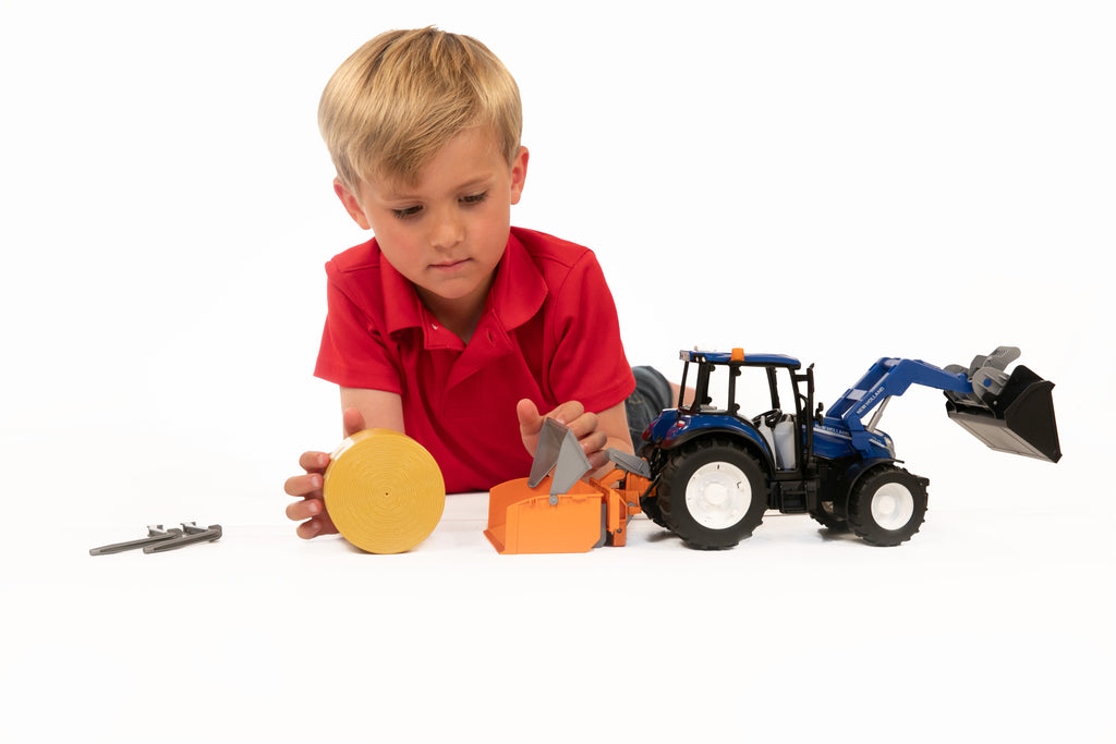 Bruder 09861 *New* New Holland T5.120 with Front Loader, Load Box, Forks and Round Bale 20.12.8
