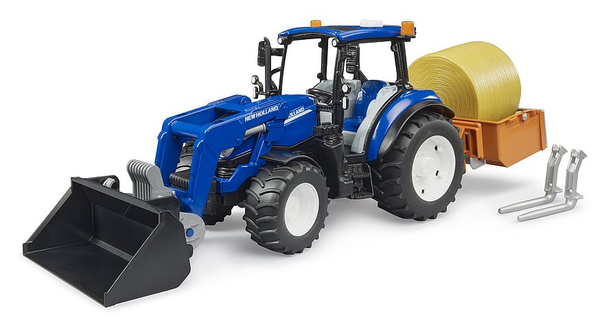 Bruder 09861 *New* New Holland T5.120 with Front Loader, Load Box, Forks and Round Bale 20.12.8