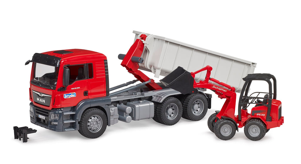 Bruder 03767 Man TGS Truck with Roll-Off Container and Schaffer Compact Loader 24.12.8