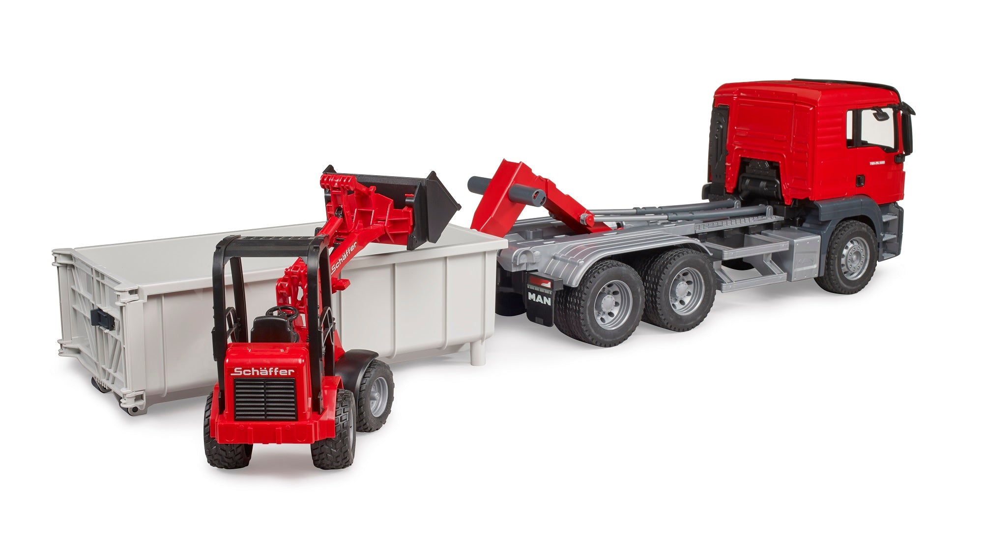 Bruder 03767 Man TGS Truck with Roll-Off Container and Schaffer Compact Loader 24.12.8