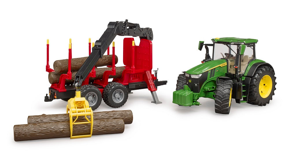 John Deere 7R 350 with forestry trailer and 4 trunks – Bruder